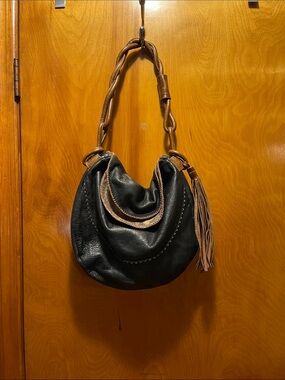 Black Hobo Bag with Brown Braided Strap and Tassel